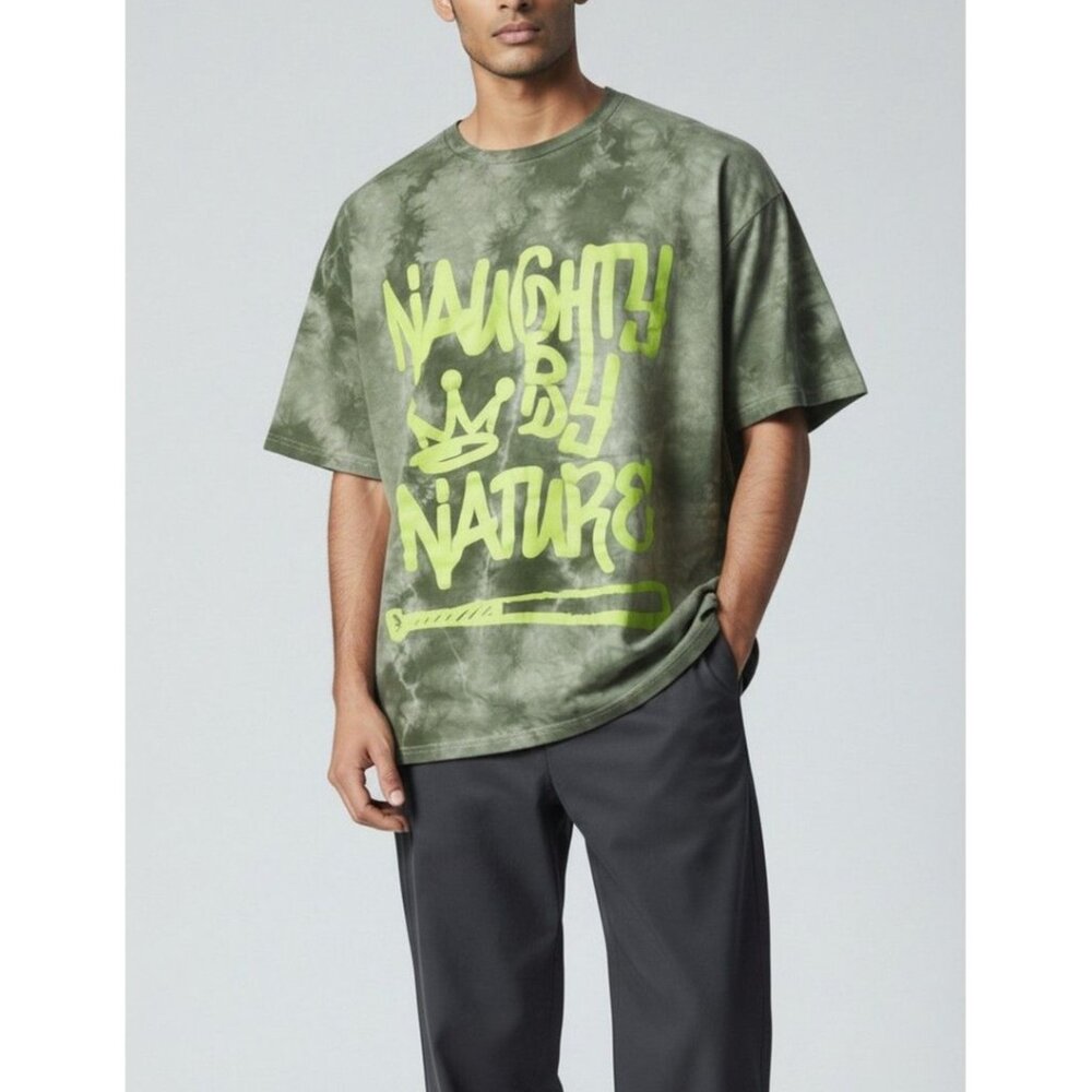 Vintage Naughty By Nature Green Tie-Dye Graphic T-Shirt With Neon Logo Print L